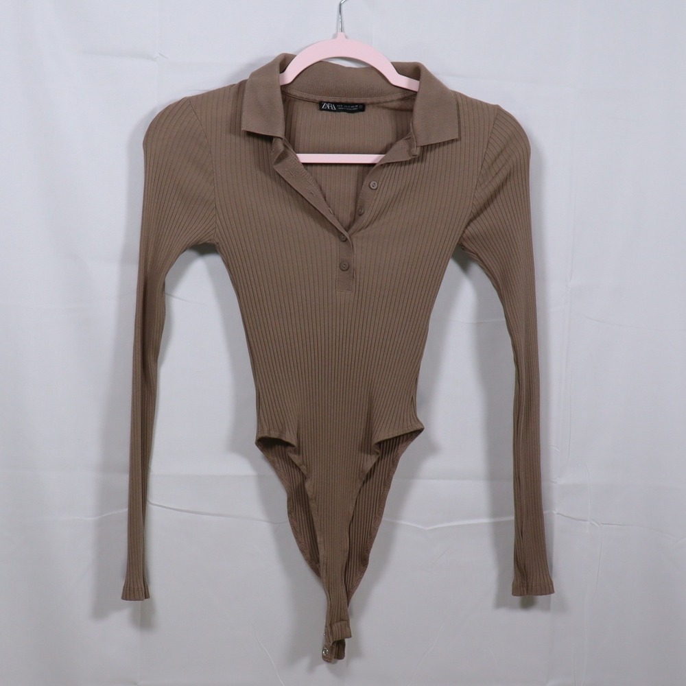 Zara Ribbed Polo Bodysuit S Brown Womens Long Sleeve Henley
